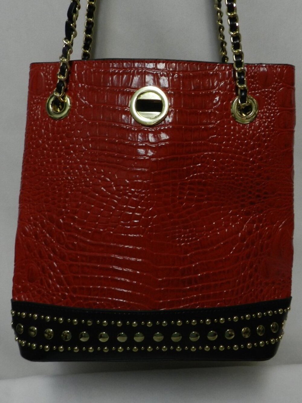 M.C. Macy Leather snake embossed shoulder bag purse chain strap back pocket red